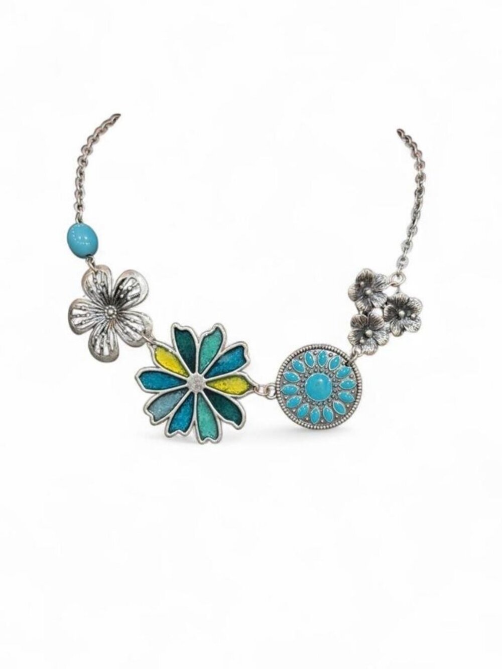 Blue & Silver Floral Necklace Turquoise Yellow Enamel Flowers